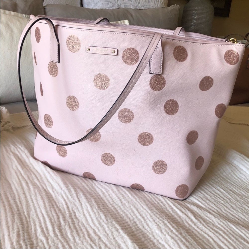 Kate Spade Pink and Brown Tote Bag with Polka Dots